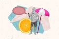 Creative collage of black white gamma grandfather use smart phone dialogue bubble texting big orange fruit slice sun