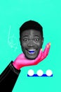 Creative collage of body less funky guy absurd illustration neon pink hand holding blue tongue personage head isolated