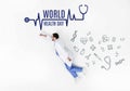 creative collage of doctor flying like super hero with world health day inscription and medical icons