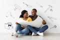 Creative Collage For Family House Repairment. Cheerful Black Couple Checking Blueprints Together