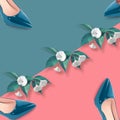 Creative collage of fashionable female blue shoes and bindweed flowers on coral background