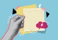 Hand Holding Torn Note Paper with Geometric and Cloud Design Elements: Creative Collage Artwork Royalty Free Stock Photo