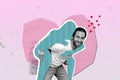 Creative collage of funky black white effect guy arms hold piggyback painted imagine girl heart love symbols isolated on