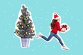 Creative collage illustration of excited funny girl hold newyear giftbox running decorated evergreen tree isolated on Royalty Free Stock Photo