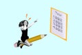 Creative collage illustration excited smile surprised school girl student show test exercise answer fly large pencil