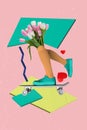 Creative collage illustration of headless female bouquet tulips flower riding skateboard for valentine day on