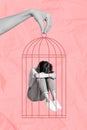 Creative collage illustration picture of upset girl inside birdcage hugging her knees inside prison on pink