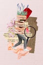 Creative collage illustration of pile books instead head nerd preparing for exams florist explore flowers isolated on Royalty Free Stock Photo