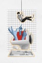 Creative collage illustration poster banner stressed worker employee hanging rope many hands pc screen pointing work