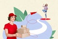 Creative collage illustration young two girls delivery courier carry carton boxes shipment service paper airplane