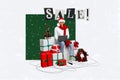 Creative collage image attractive smile young man sit big box search laptop online order sale sketch tree christmas new