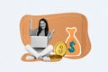 Creative collage image of black white colors delighted excited girl use netbook raise fists money coins sack bag
