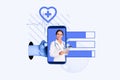 Creative collage image blue filter pretty smile woman doctor treats graphic heart caricature gigantic arm hold phone Royalty Free Stock Photo