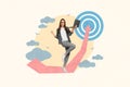 Creative collage image of delighted excited girl hold netbook raise fist accomplishment drawing arrow up target clouds