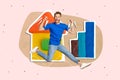 Creative collage image of delighted mini guy jumping raise fists plasticine house growing chart statistics isolated on