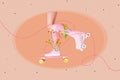 Creative collage image of girl legs wear sneakers ride rollerblades skateboard fresh flowers isolated on painted