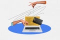 Creative collage image of hand hold lure credit card internet fraud stealing money netbook unusual fantasy billboard