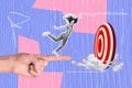 Creative collage image of huge arm finger point hold help mini black white effect girl reach darts board target isolated