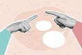 Creative collage image human hands finger pointing gesture textbox communication contact share opinion rumor gossips Royalty Free Stock Photo