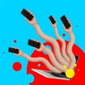 Creative collage. Image of male hands with phones sticking out of laptop screen on bright colored background.