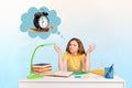 Creative collage image of minded clueless girl sit desktop think slow snail clock isolated on drawing background Royalty Free Stock Photo