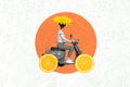 Creative collage image of person black white gamma flower instead head orange slices wheels drive moped isolated on