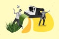 Creative collage image of two black white colors mini people play football photographing huge polaroid instant camera Royalty Free Stock Photo