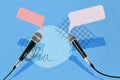 Creative collage image two microphones speaker interview speech textbox loud voice conversation performance equipment