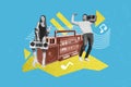 Creative collage image of two mini black white effect people dancing show v-sign ride rollerblades big boombox music Royalty Free Stock Photo