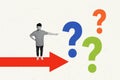 Creative collage image young angry man stand point question marks minded dilemma find solution task project management