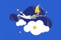 Creative collage image young excited flying woman dream sleepover clouds night sky hat awakening insomnia drawing