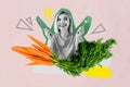 Creative collage image young happy excited hungry woman vegan ready eat bunch carrot harvest fresh vitamins healthy food