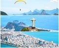 Creative collage inspired by view of Rio de Janeiro with Christ Redeemer and Corcovado Mountain, Copacabana beach.