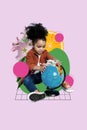 Creative collage of little cute preschool little girl playing with globus choose point geotags places visited 