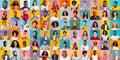 Creative collage with lot of smiling multicultural faces over colorful backgrounds Royalty Free Stock Photo