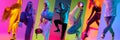 Creative collage made of portraits of attractive energetic people dancing, hip hop, sport dance in neon.