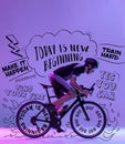 Creative collage with male cyclist riding a bicycle isolated against neon background with black lettering, graphics and Royalty Free Stock Photo