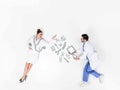 creative collage of male and female doctors with various hand-drawn