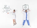 creative collage of male and female doctors with various hand-drawn medical signs and medical