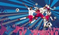 Creative collage. Male football players in motion with ball playing over sport fans silhouettes on blue background