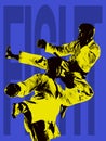 Creative collage with male mma fighter training isolated over blue background with lettering. Poster graphics. Concept