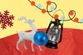 Creative collage of new year christmas decoration reindeer sculpture garland lights gas lamp bauble ball toy isolated on Royalty Free Stock Photo