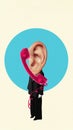 Creative collage of oversized human ear with red telephone handset replacing head on beige background Royalty Free Stock Photo