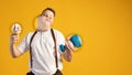 Creative collage. Overweight boy in white t-shirt make a choice between ice-cream and sport