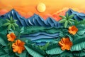 A creative collage painting featuring a tropical scene with vibrant flowers and majestic mountains