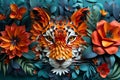 A creative collage of paper cutouts depicting a fierce tiger surrounded by colorful flowers