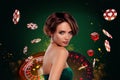 Creative collage photo banner gorgeous charming woman looking tokens roll dice chips roulette background