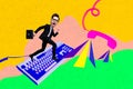 Creative collage photo image running businessman guy carrying briefcase pc keyboard telephone answer ring colorful