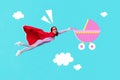 Creative collage photo of impressed excited gorgeous funny superhero girl flying hand hold baby carriage isolated on