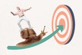 Creative collage photo sketch artwork of funny excited crazy old man riding on snail to target achieving goals isolated